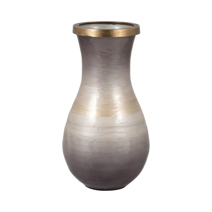 Glass, 13" Vase With Metal Rim