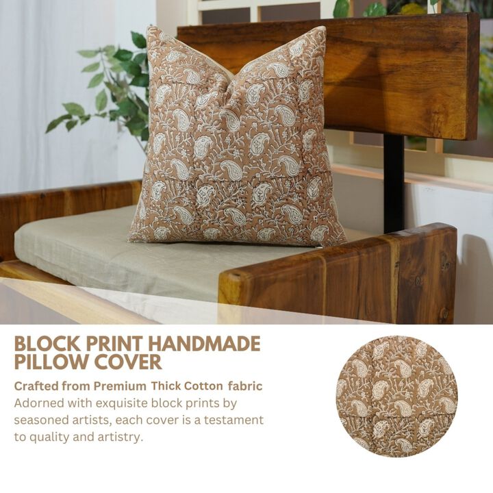 Fabdivine Handmade Block Print Linen Throw Pillow Cover Boho Lumbar Farmhouse Sofa Cushion Case with Hidden Zipper Brown, Kerijaal