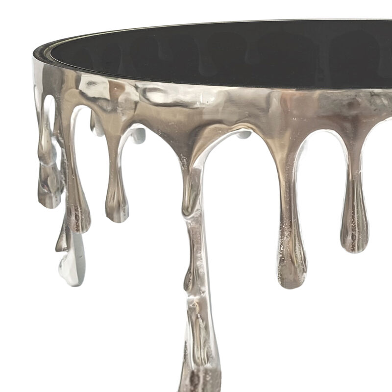 Capri Coffee Table | 36 Inch Round Glass Top | Melting Drip Design | Silver