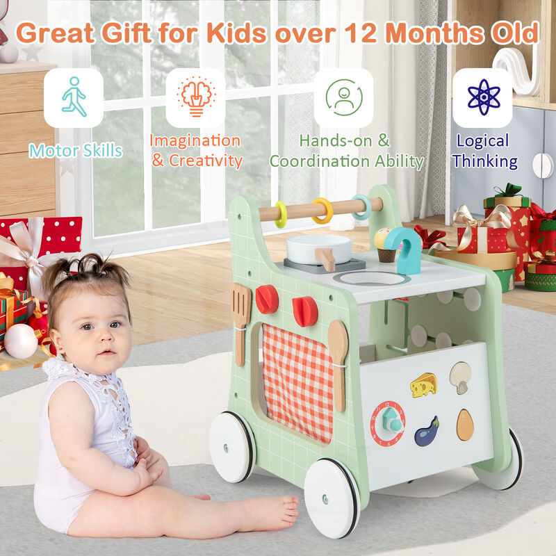 6-in-1 Wooden Baby Stroller with Play Kitchen for Kids Over 12 Months