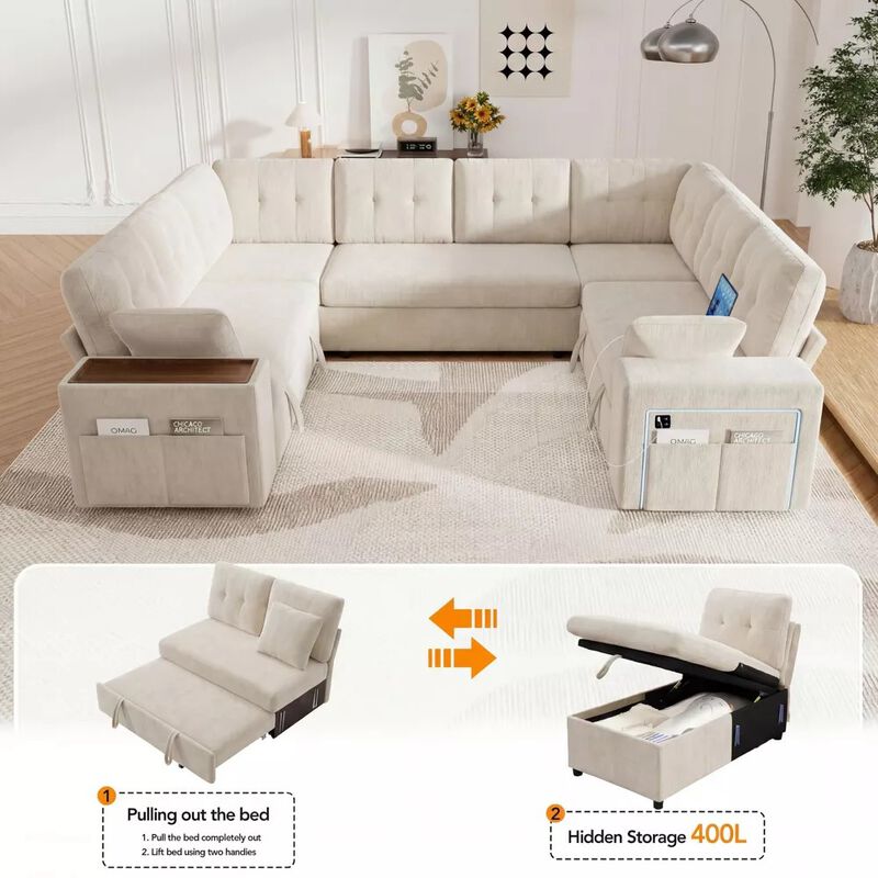 Vipbear 112" U-Shaped 8-Seat Modular Chenille Sectional Sleeper Sofa, Pull Out Bed Reclining Couch image number 5