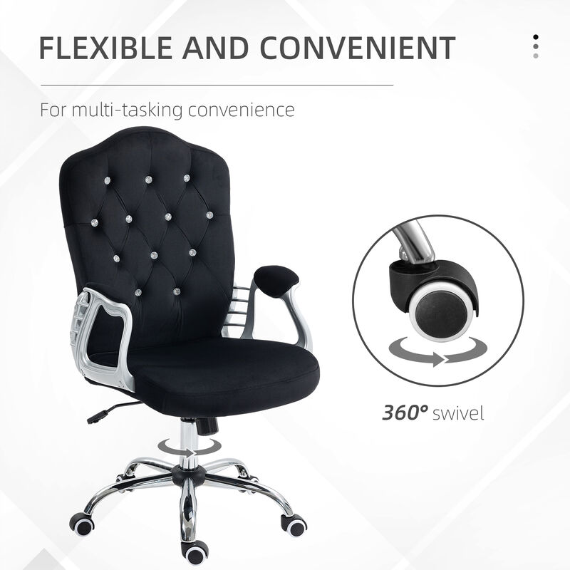 Vinsetto Home Office Chair, Velvet Computer Chair, Button Tufted Desk Chair with Swivel Wheels, Adjustable Height, and Tilt Function, Black