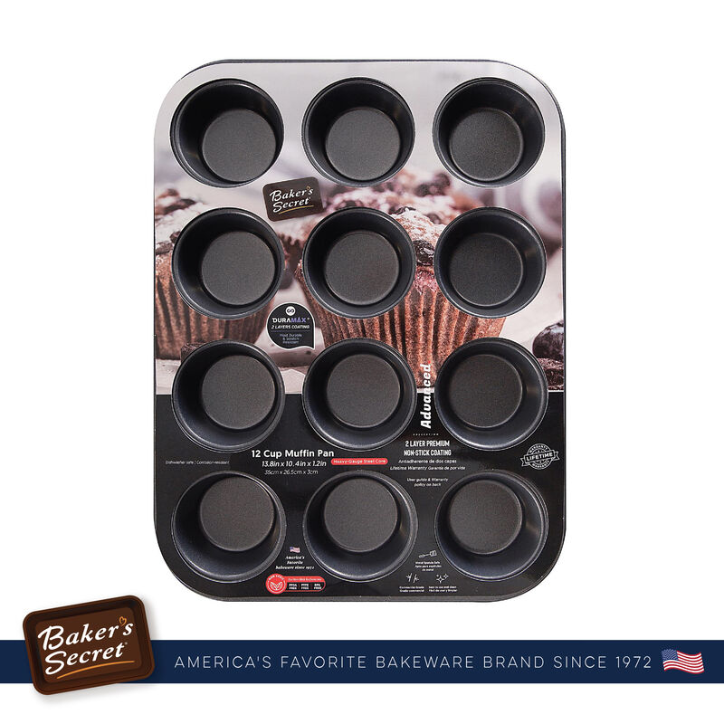 Baker's Secret 12 Cup Muffin Pan, Cupcake Pan, Non-stick coating 2x Layers, Heavy Gauge Carbon Steel, Dark Gray Advanced Collection