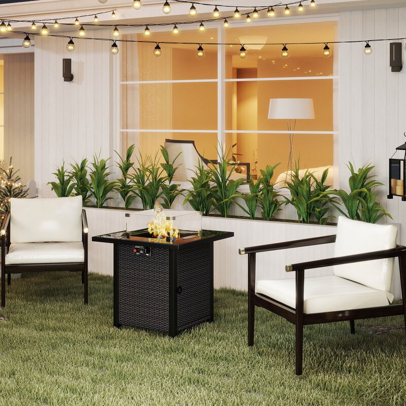 Mondawe 28 Inch Propane Fire Pit Table, Rattan & Wicker-Look, 50000 BTU Gas Firepits Tempered Glass Tabletop with Glass Windscreen Protector for Outside Patio and Garden