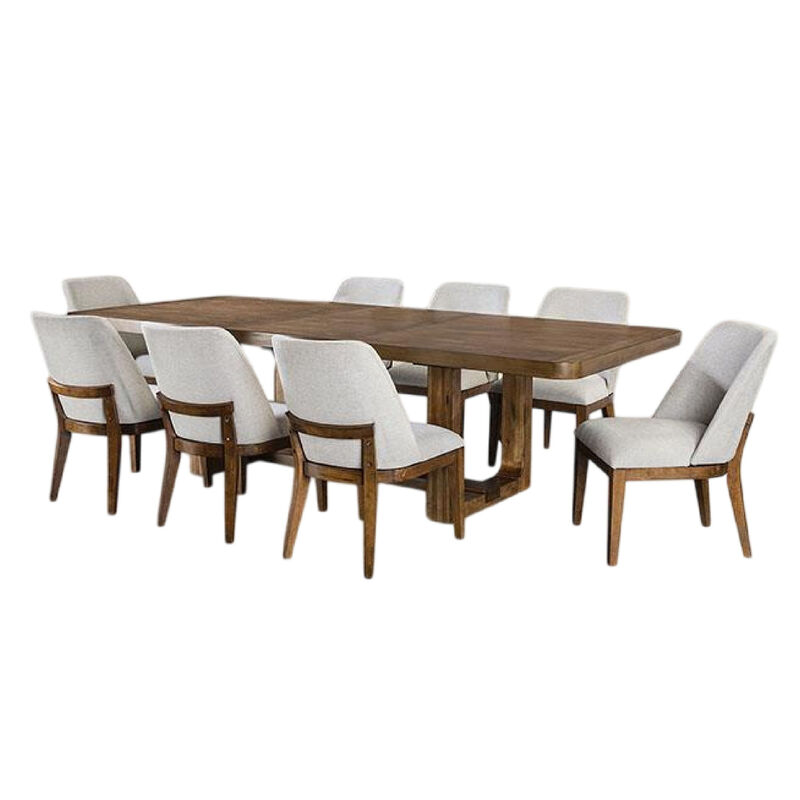 Ramie 9pc Dining Table Set, 84-102 Inch Expandable Leaf, 8 White Chair - Benzara image number 0
