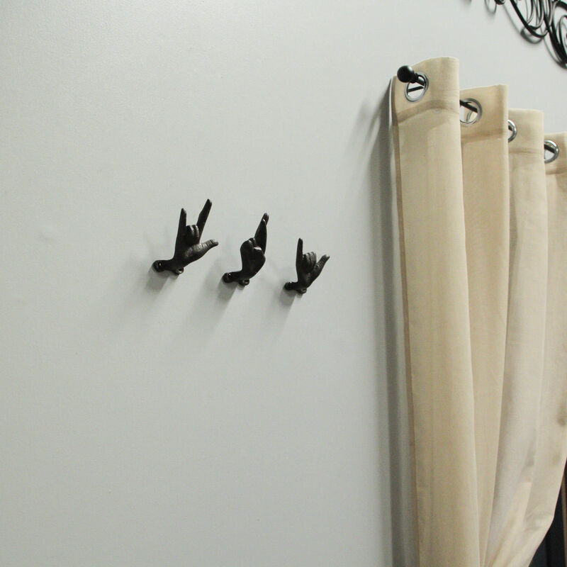 Set of 3 Brown Cast Iron Hand Gesture Wall Hooks image number 6