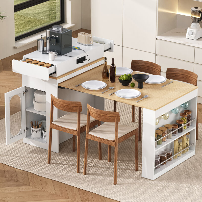 Whisen Extendable Dining Table 57.7"x32.7", Glass & MDF, w/Drawers, Power Outlet, Kitchen Island on Wheels image number 2