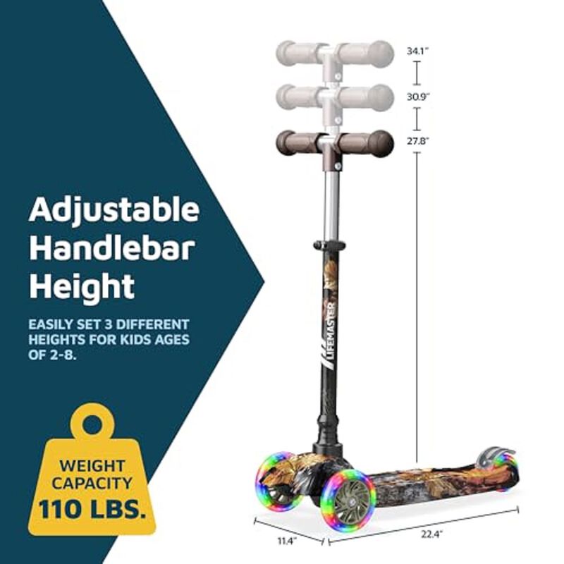 Lifemaster Mini 3-Wheel Kids Scooter with Multi-Color Wheel Lights &ndash; 4-Height Adjustable Handlebar, Wide Anti-Slip Deck, Child Safety Certified, Boys & Girls Ages 2+ Supports Up to 110 lbs, Real Tree image number 6
