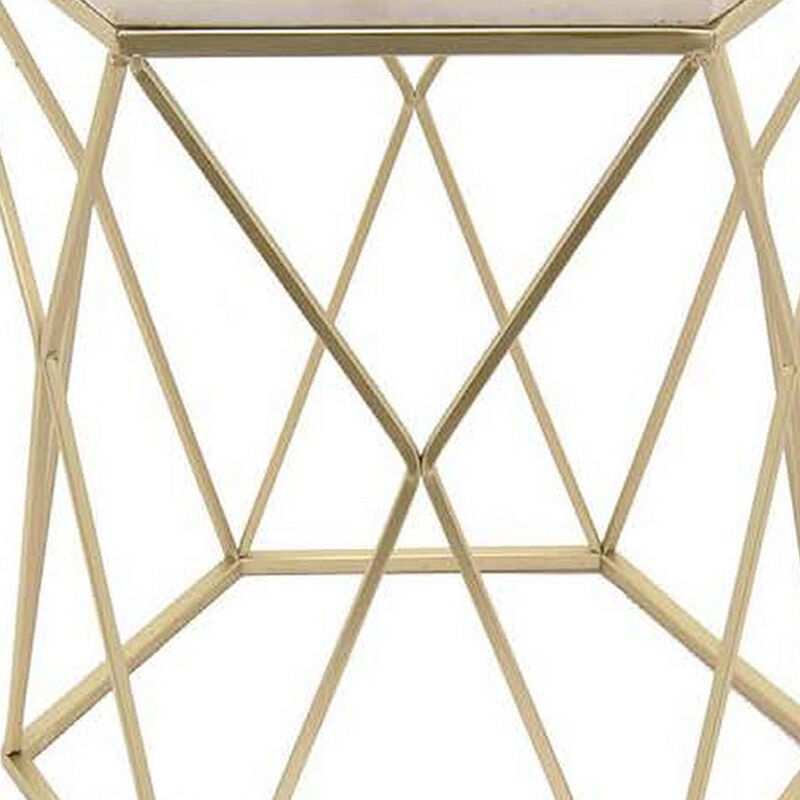 Plant Stand Table Set of 2, Hexagonal Top, Open Metal Frame, White, Gold - Benzara