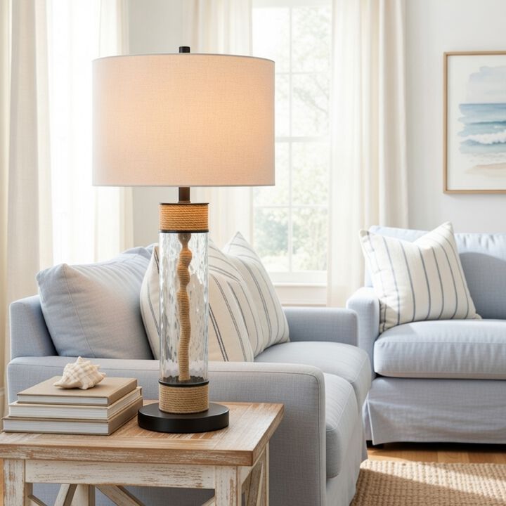 32 Inch Table Lamp, Rippled Glass Body with Rope, Burlap Shade, Metal Base