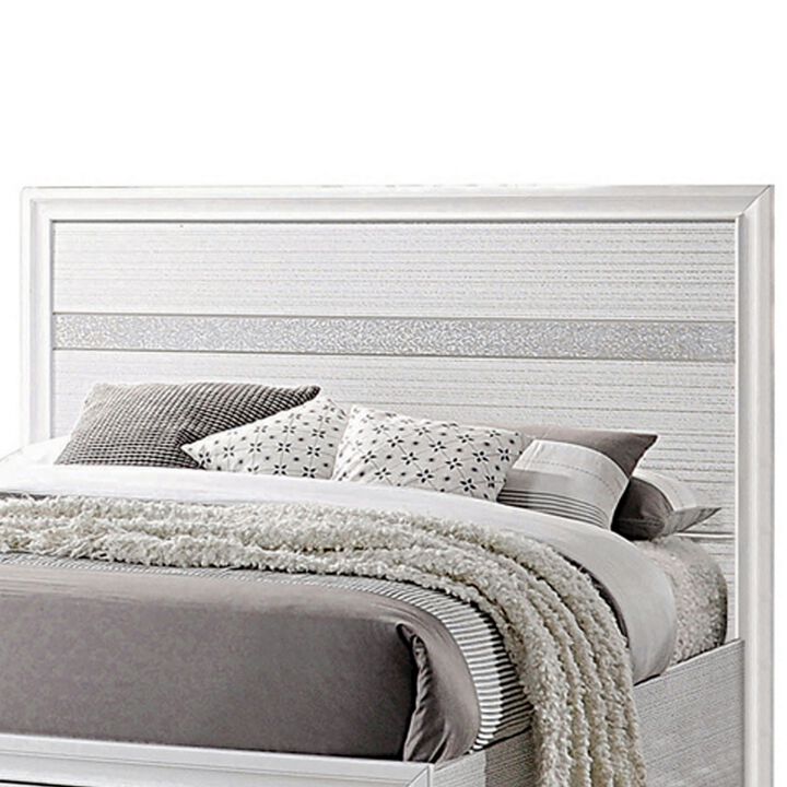 Contemporary Eastern King Bed with Drawers and Glittering Stripes, White-Benzara