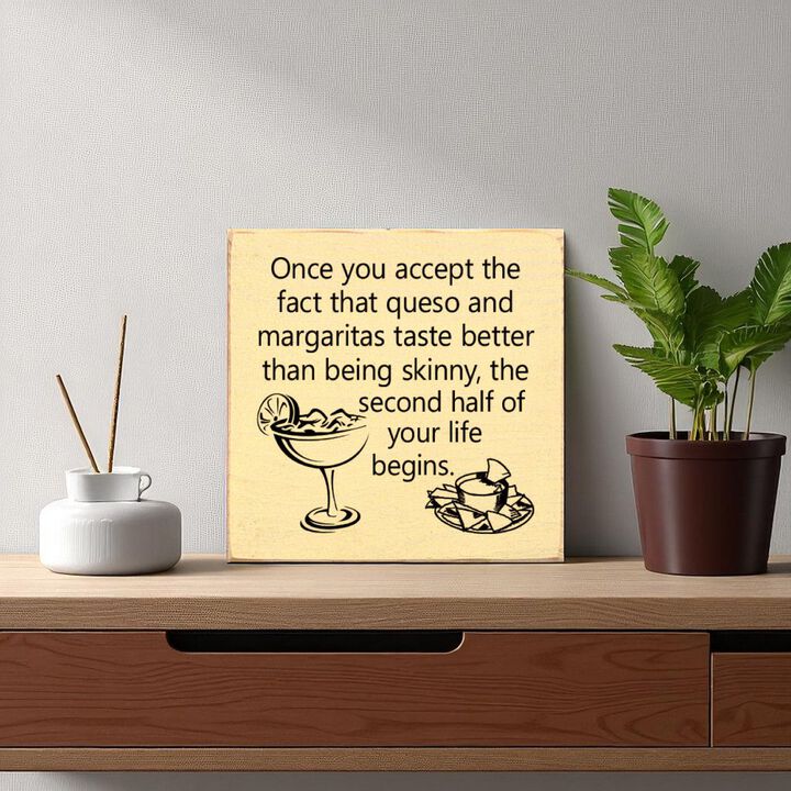 Funny Queso and Margarita Quote Wood Sign Kitchen Wall Decor