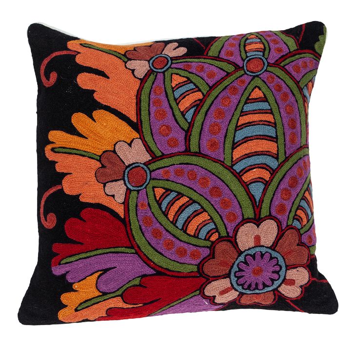 20" Black and Red Embroidered Floral Square Throw Pillow