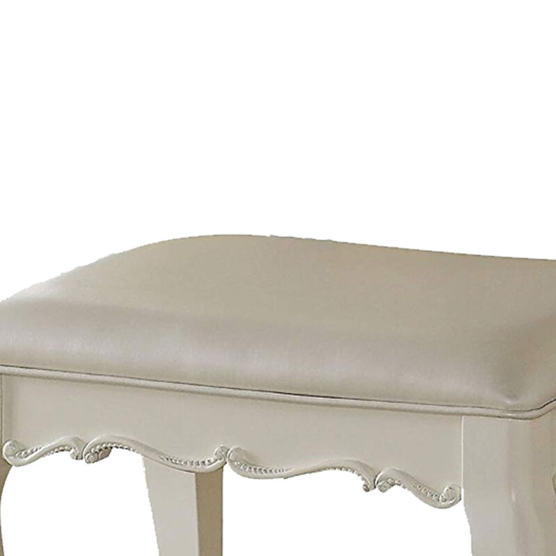 Traditional Style Wood and Leatherette Vanity Stool with Padded Seat, White-Benzara