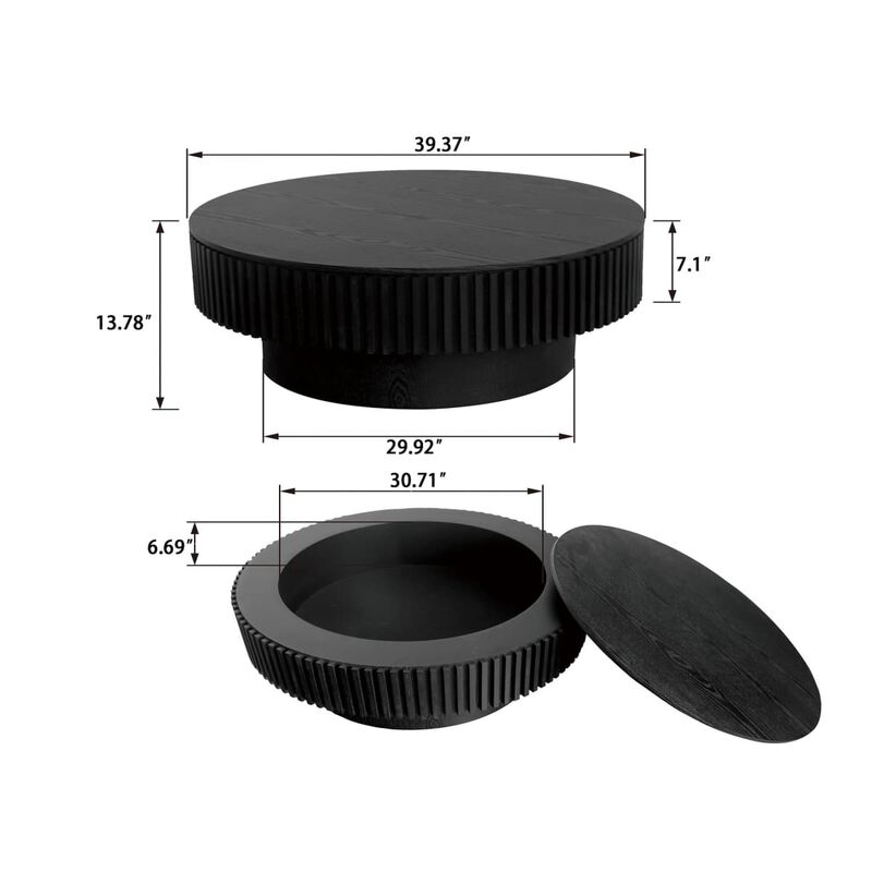 Round coffee table with storage Solid wood veneer and MDF coffee table with fluted base Modern accent coffee table for living room image number 2