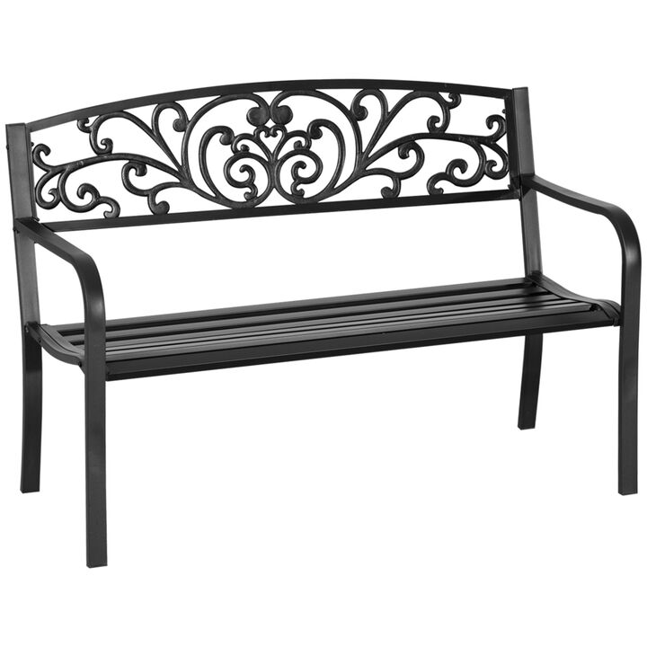 Outsunny 50" Outdoor Bench, Metal Garden Bench with Floral Pattern Backrest, Porch Bench with Slatted Seat for Park, Yard, Lawn, Black