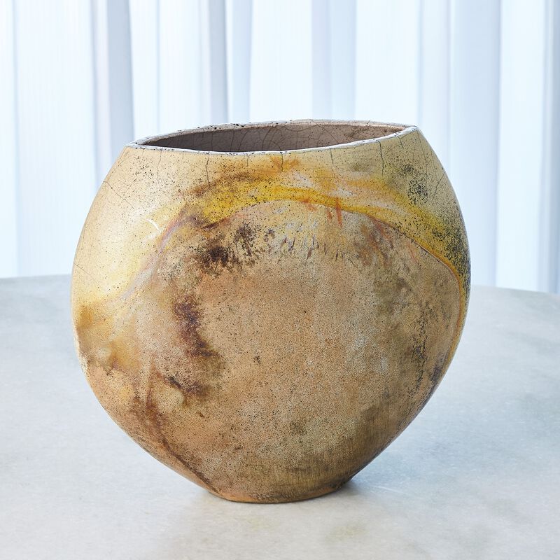 Golden Raku Flat Round Vase