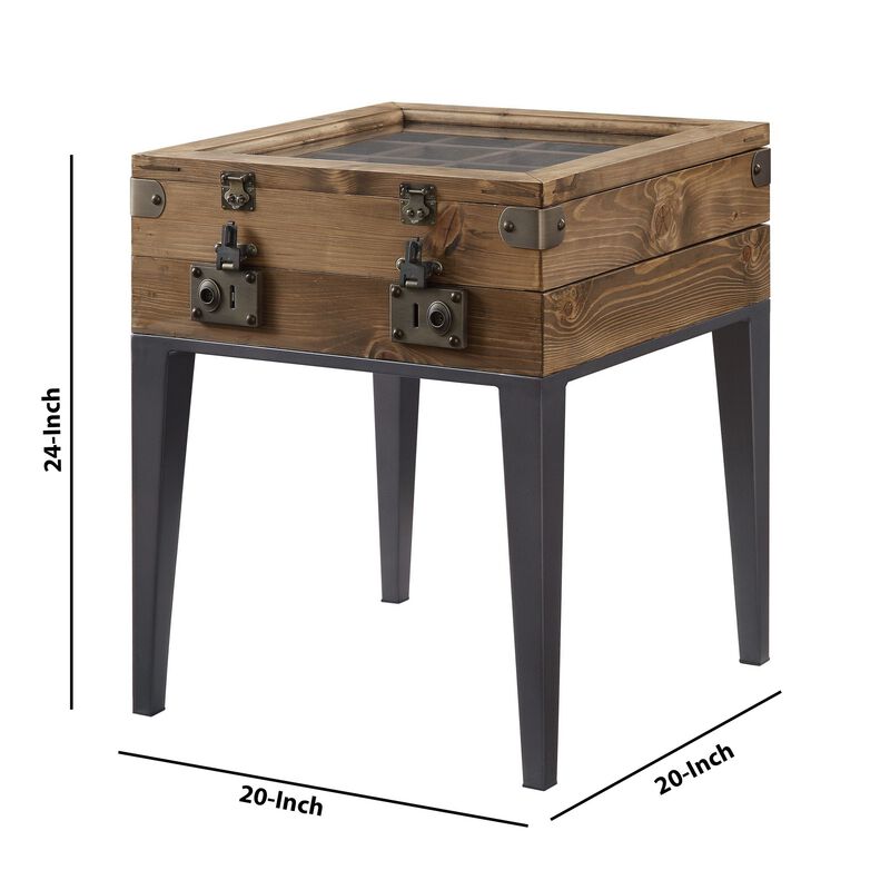 Trunk Style Accent Table with Glass Top Encasing and Metal Tapered, Brown-Benzara image number 5