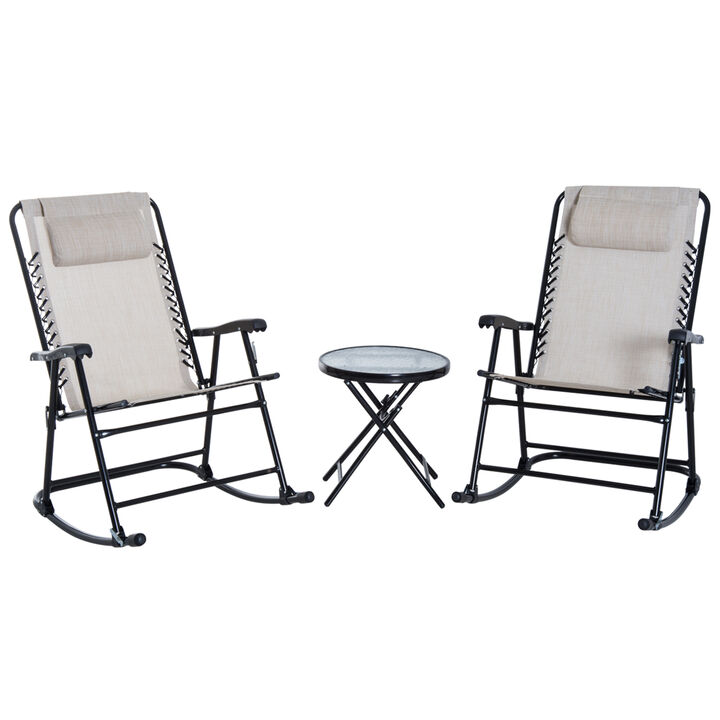 Outsunny 3 Piece Outdoor Rocking Chair Set, Patio Folding Lawn Rocker Set with Glass Coffee Table, Headrests for Yard, Patio, Deck, Backyard, Cream White