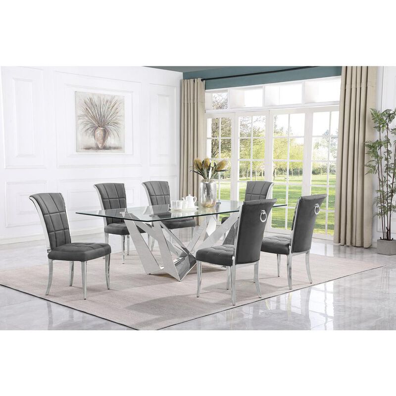 7pc Large(94") glass dining set with silver base and 6 Dark grey side chairs