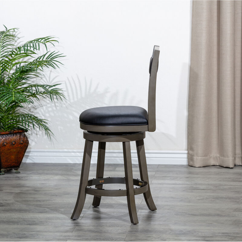 24" Counter Height X-Back Swivel Stool, Weathered Gray Finish, Black Leather Seat