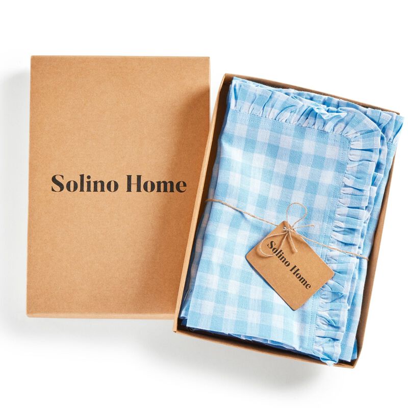 Solino Home Gingham Ruffle 100% Linen Dinner Napkins &ndash; Set of 4, 20 x 20 in, Machine Washable, Holiday and Everyday Dining