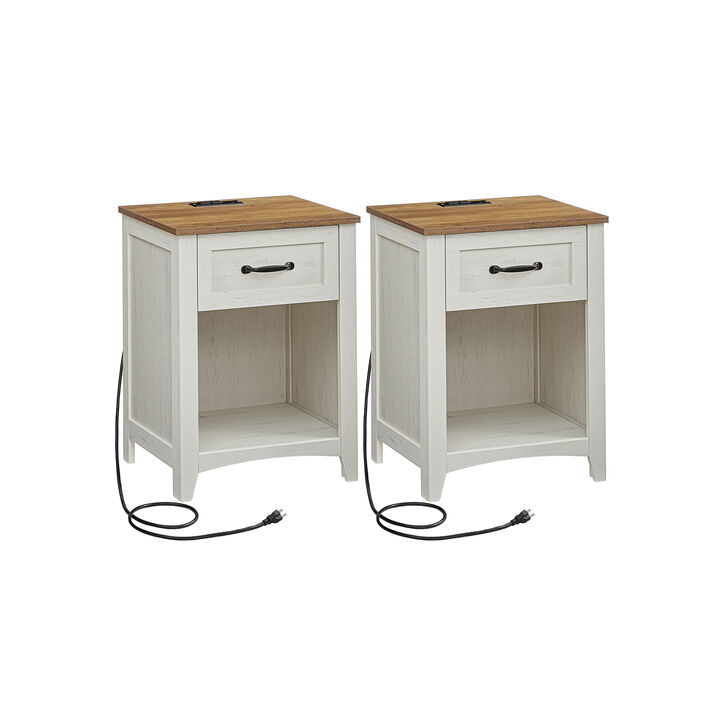 Set of 2 Nightstands with Charging Station and Open Compartment Rustic White and Honey Brown