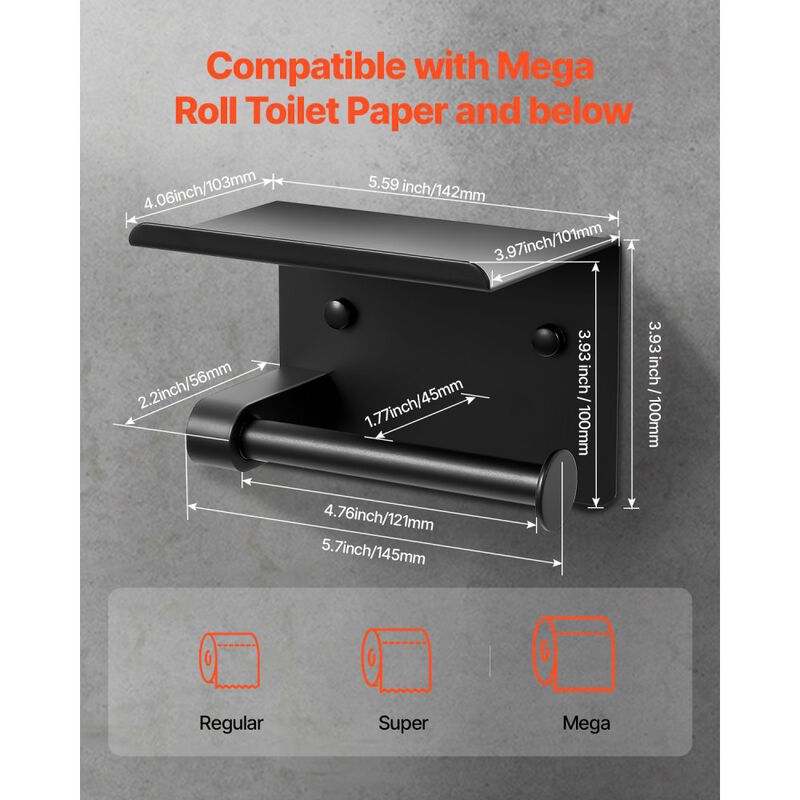 Wall Mounted Toilet Paper Holder with Storage Shelf, Fits Mega Rolls, Stainless Steel, Matte-Matte Black image number 2