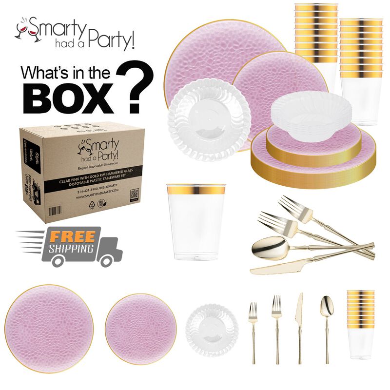 Clear Pink with Gold Rim Hammered Glass Plastic Tableware Set (60 Sets) image number 3
