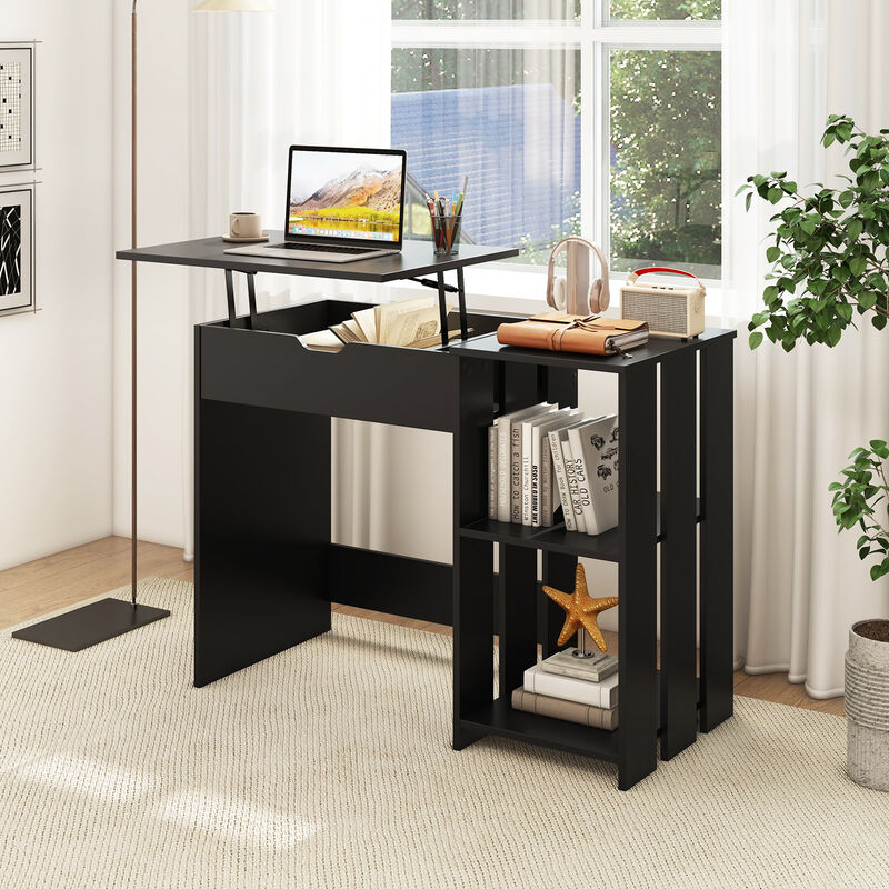 Space Saving Computer Desk with Hidden Compartment and Open Storage Shelves