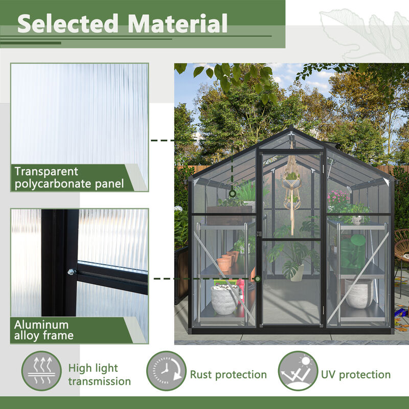 6x8 FT Greenhouse for Outdoors, Polycarbonate Greenhouse with Quick Setup Structure and Roof Vent image number 8