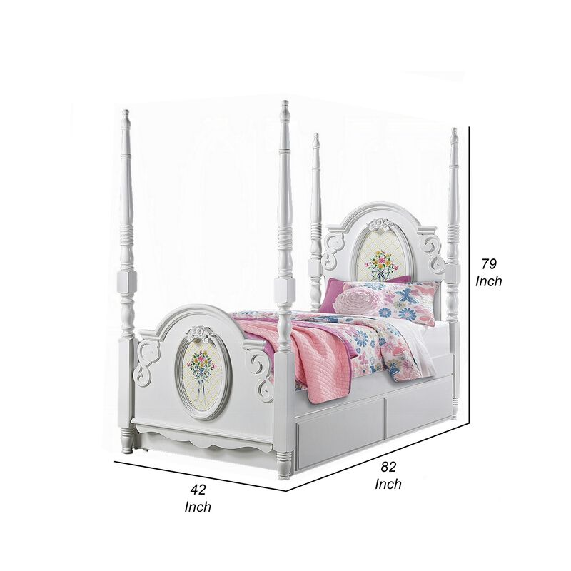 Auri Twin 4 Poster Princess Bed, Classic Arched Headboard, White Wood - Benzara