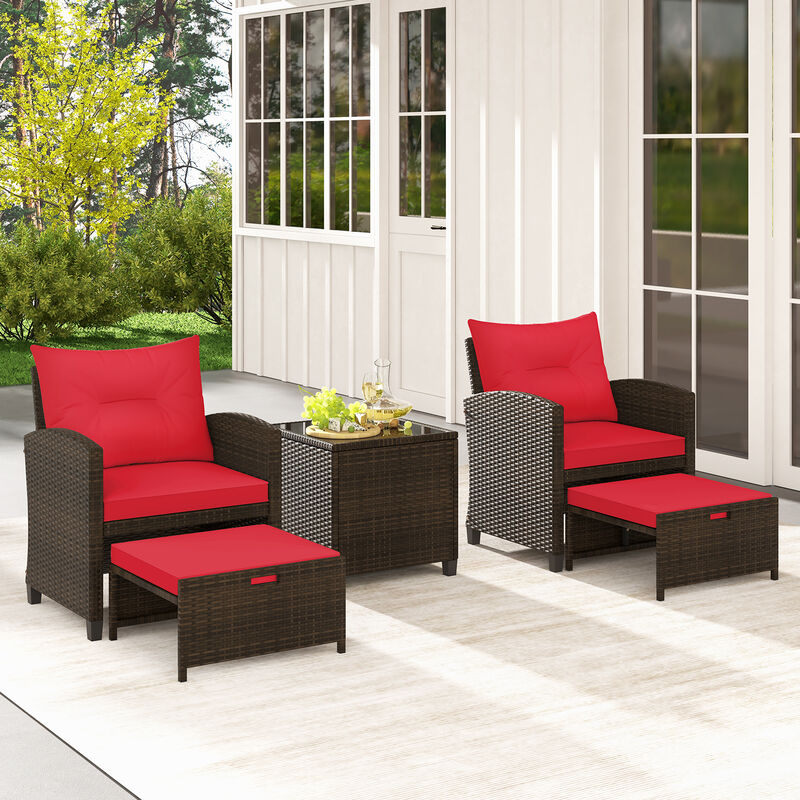 Outdoor 5-Piece Rattan Patio Set with 2 Ottomans and Glass Coffee Table