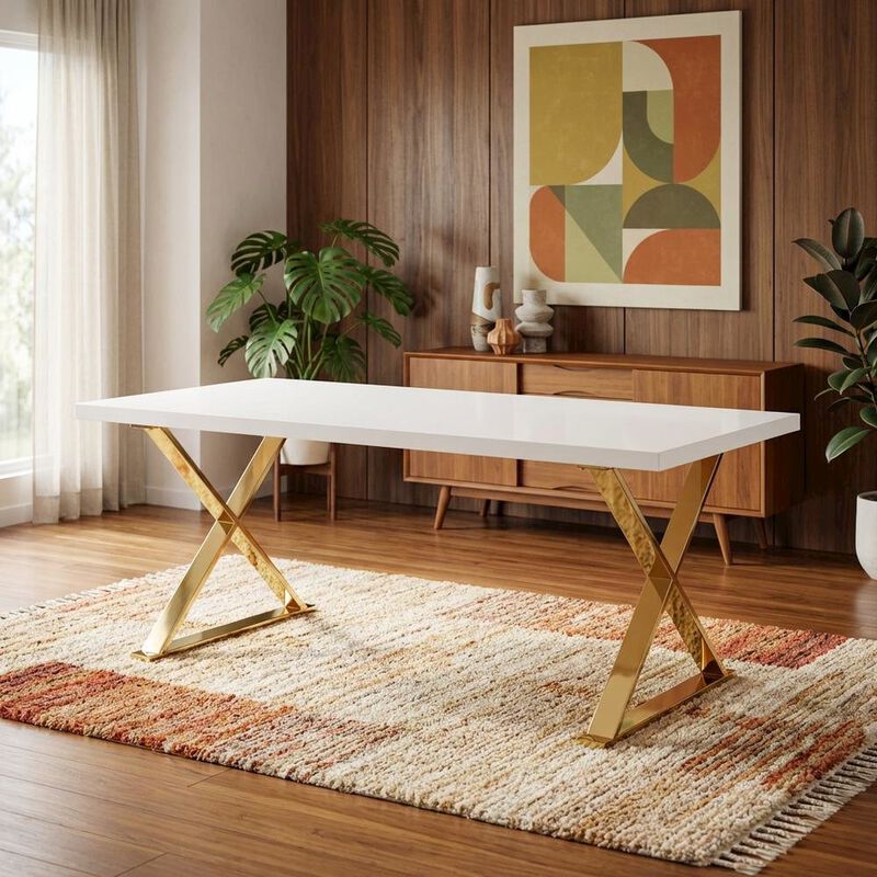 White Rectangular Dining Table, Modern X-Base, Seats 6 image number 5