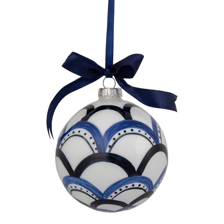 4" White and Blue Scallop Glass Christmas Ball Ornament
