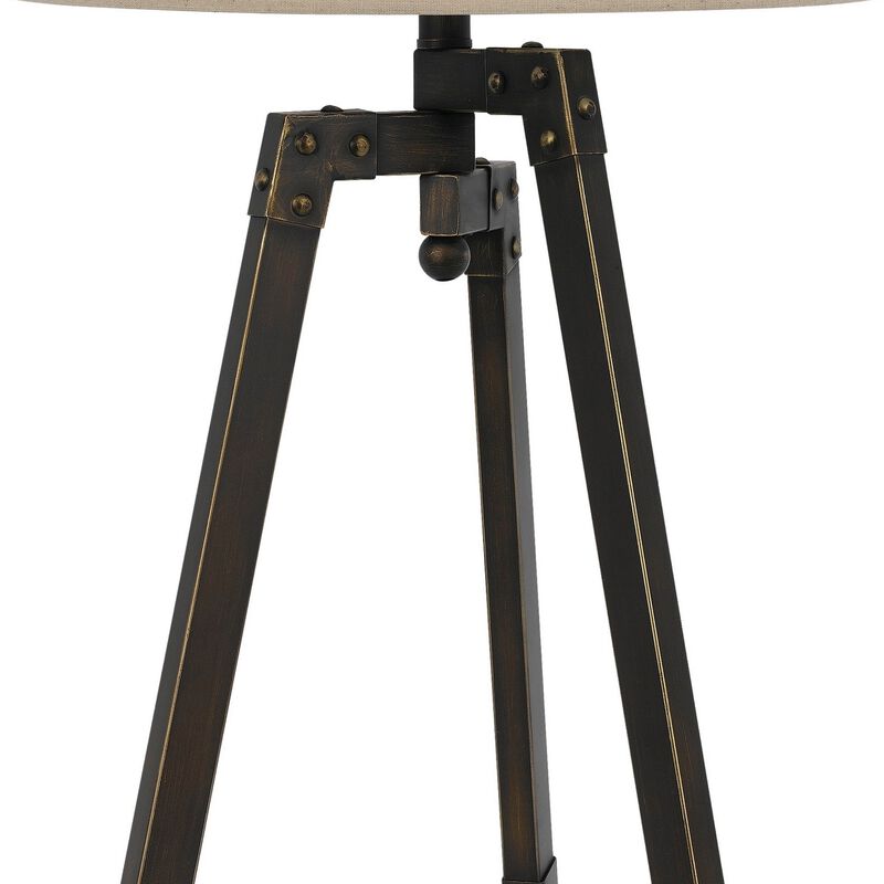 Metal Tripod Base Table Lamp with Fabric Drum Shade, Bronze and Beige-Benzara