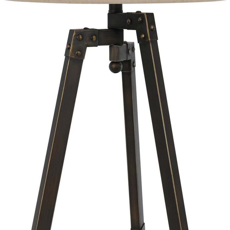 Metal Tripod Base Table Lamp with Fabric Drum Shade, Bronze and Beige - Benzara