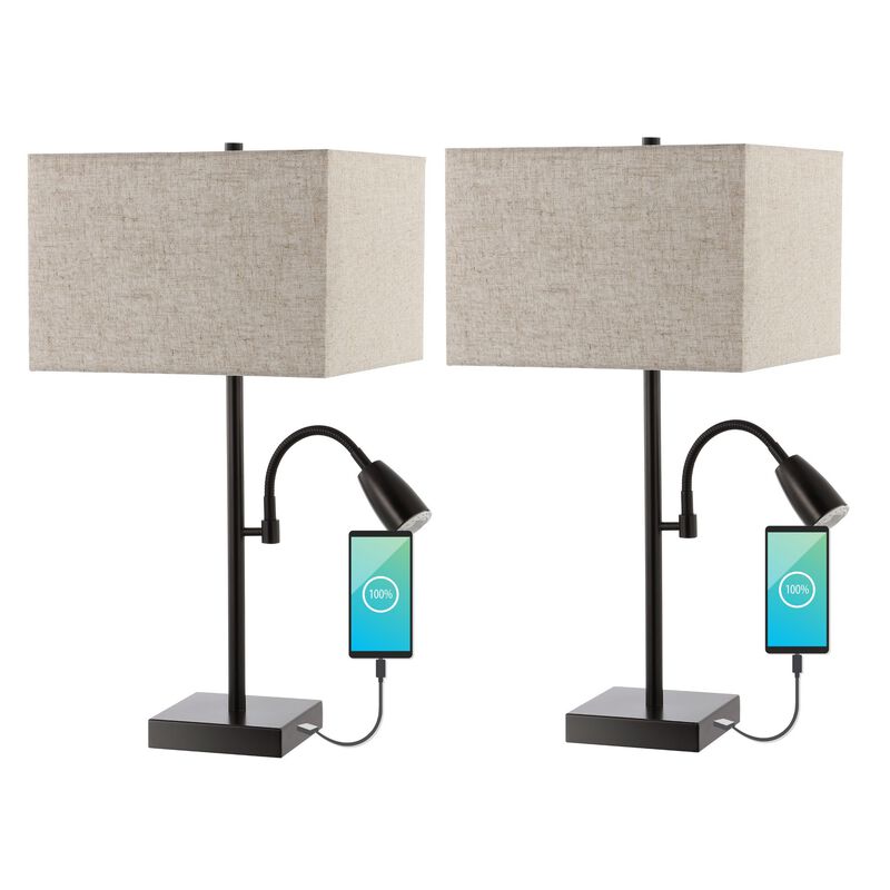 Austin 2-Light Farmhouse Industrial Iron LED Table Lamp with USB Charging Port and Adjustable Reading Light