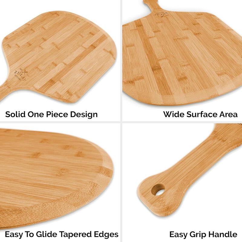 Authentic Bamboo Pizza Paddle With Easy Glide Edges & Handle For Baking (Medium 12")