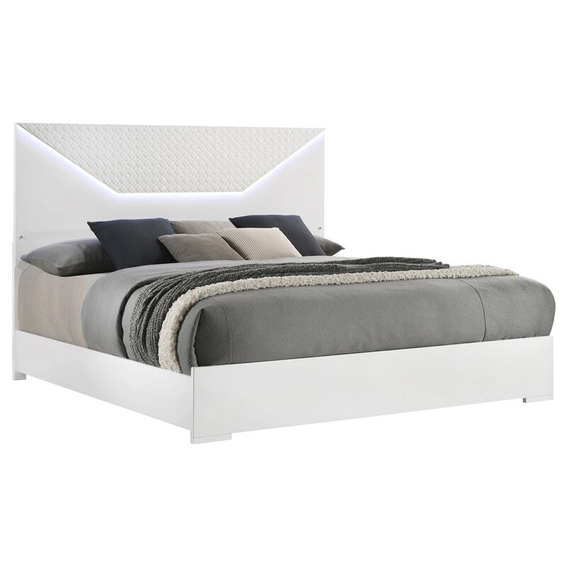 Ivon Queen Bed, 3D Embossed LED Headboard, Glossy White Solid Wood - Benzara