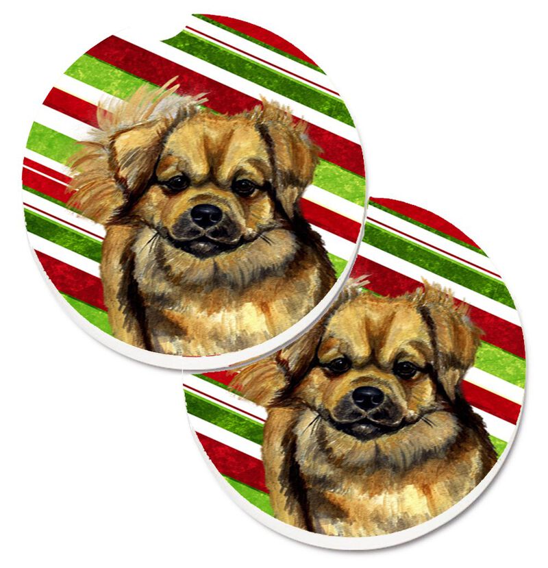 Caroline's Treasures Tibetan Spaniel Candy Cane Holiday Christmas Set of 2 Cup Holder Car Coasters LH9259CARC, 2.56, Multicolor image number 0