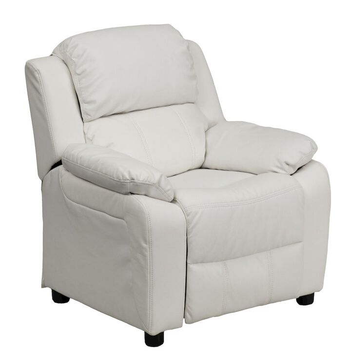 Flash Furniture Deluxe Padded Contemporary White Vinyl Kids Recliner with Storage Arms