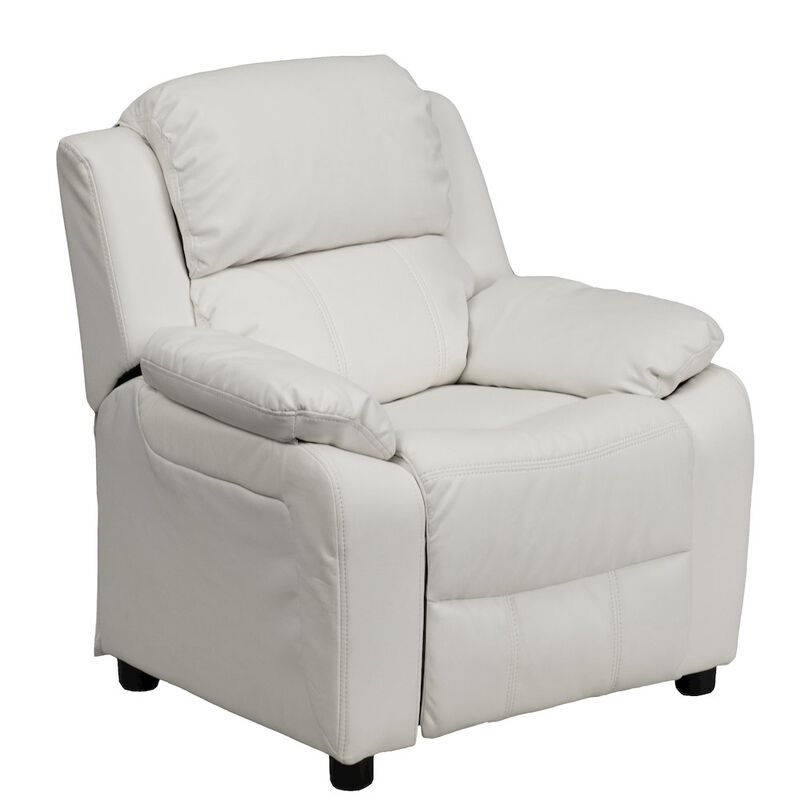 Flash Furniture Deluxe Padded Contemporary White Vinyl Kids Recliner with Storage Arms