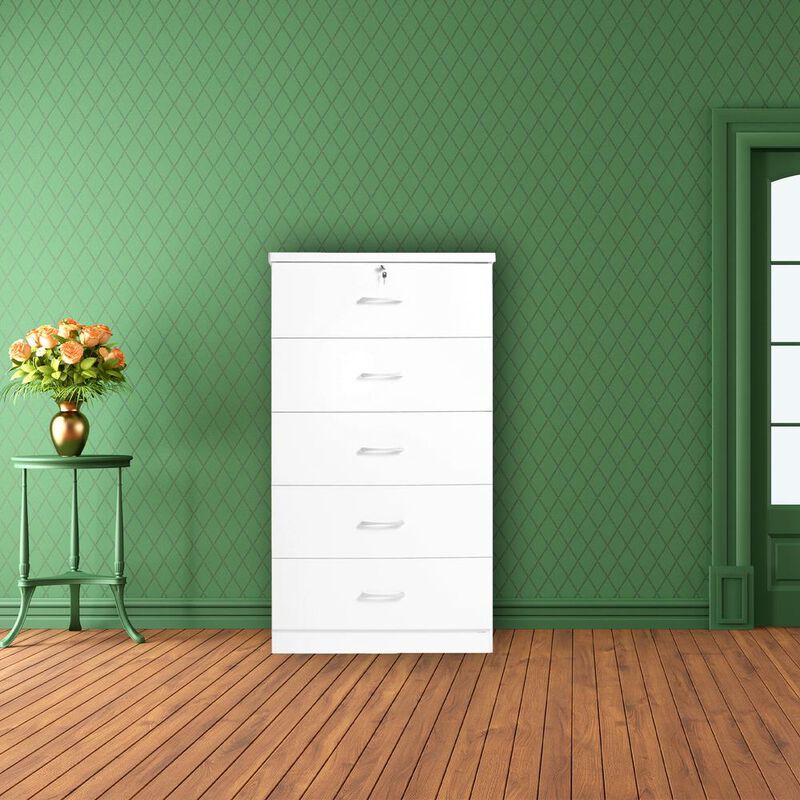 Better Home Products Olivia Wooden Tall 5 Drawer Chest Bedroom Dresser in White