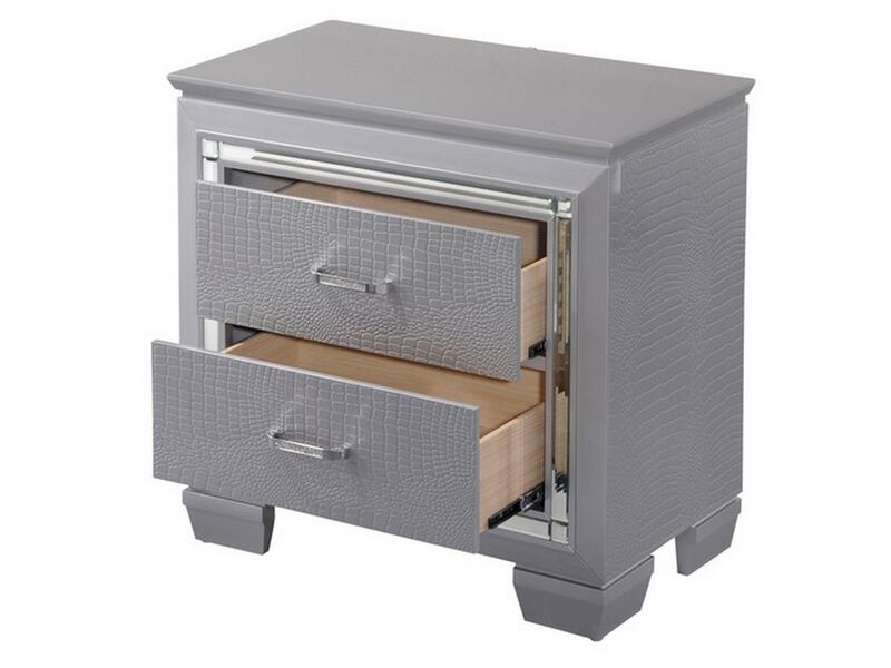 Two Drawer Wooden Nightstand with Textured Details and Mirror Accents, Gray-Benzara