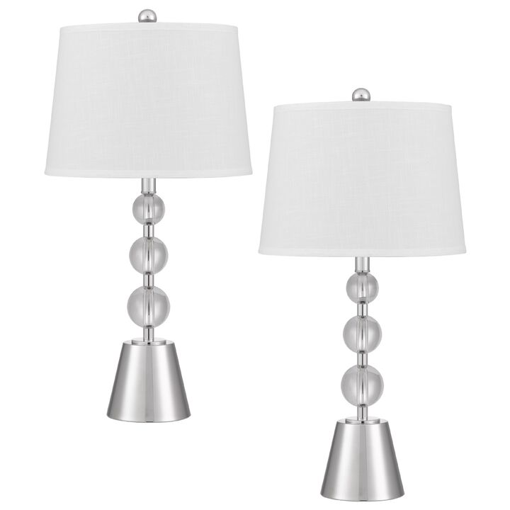 Table Lamp Set of 2, Off White Shade, Brushed Steel Stacked Beaded Base