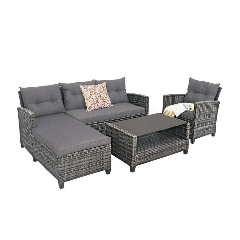 4 Pieces Patio Rattan Sofa Furniture Set with Cushion and 2-Tier Coffee Table image number 0