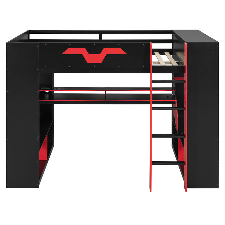 Whisen Full Size Loft Bed with RGB Lights, Power Outlet & Shelves, Wood Gaming Desk for Bedroom