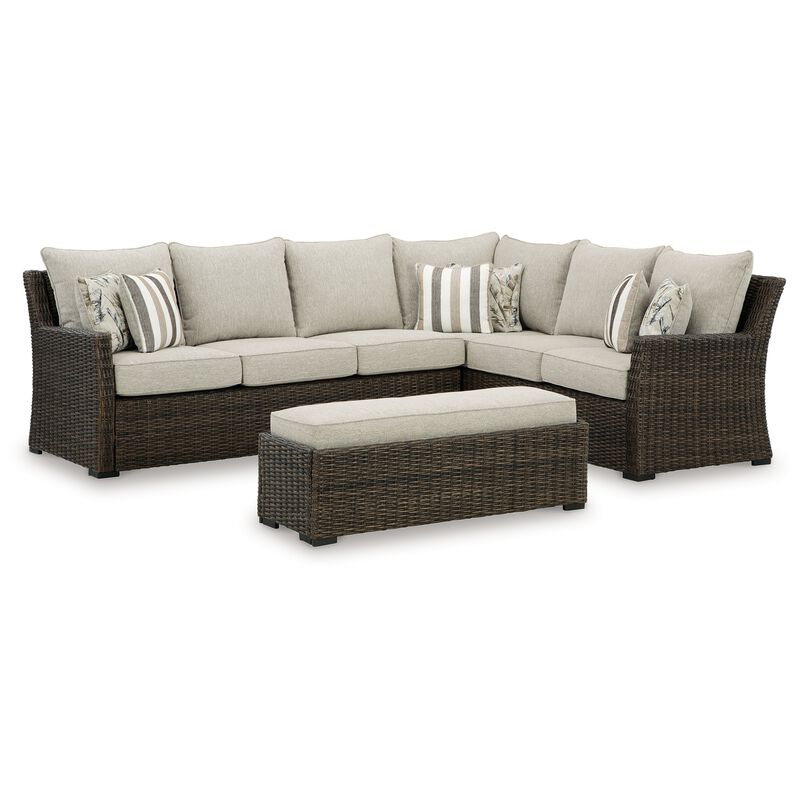 Soha Outdoor 3pc Sectional Sofa, Brown Wicker, Beige Nuvella Cushions - Benzara