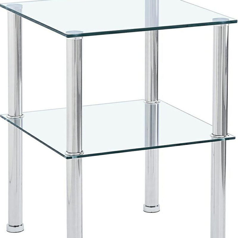 HomeRoots Set of Two Clear and Silver Glass and Metal Square End Tables With Shelf image number 4